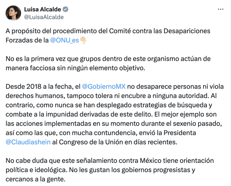 Posicionamiento de Luisa María Alcalde sobre las desapariciones